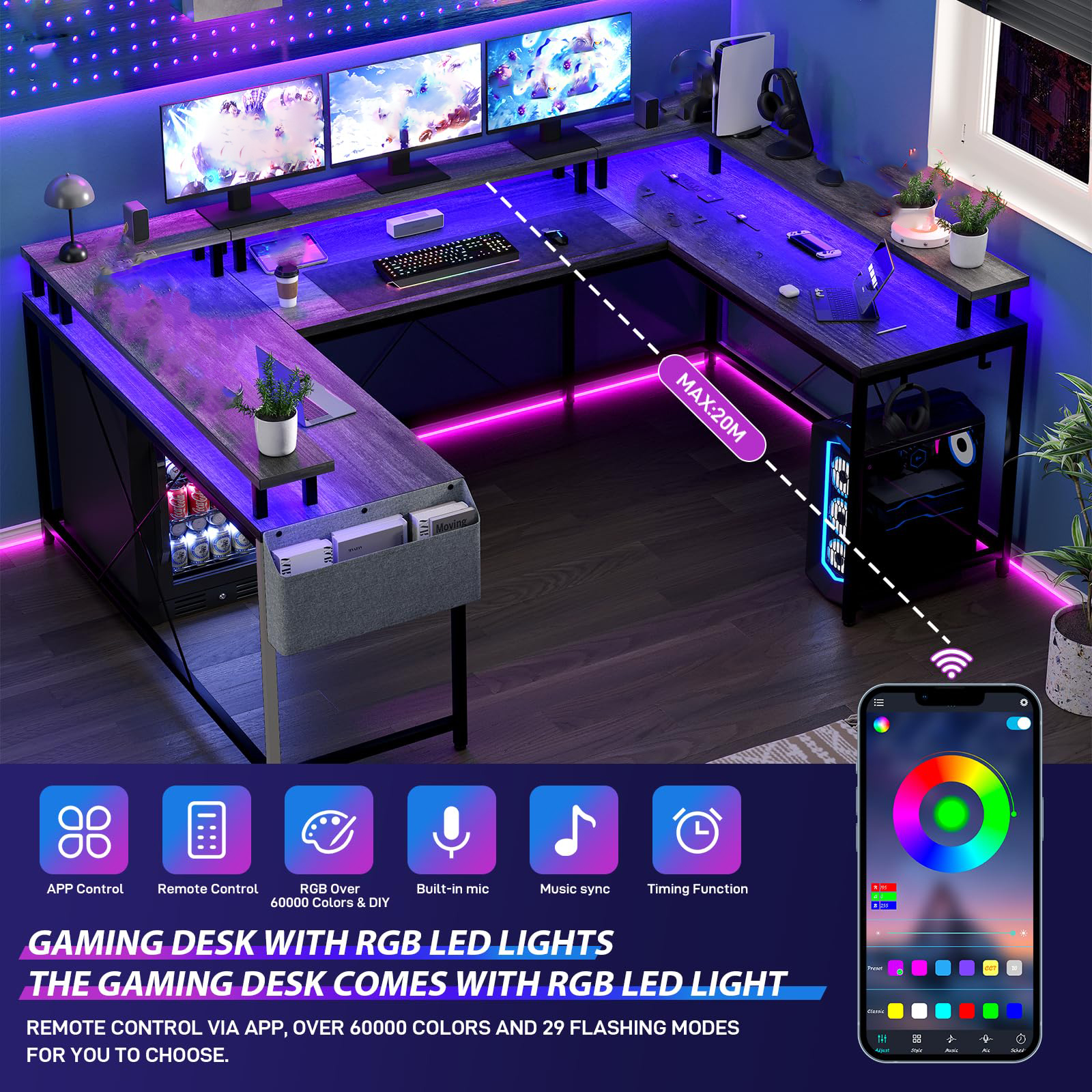 Huisuilinss U Shaped Desk Large Corner Office Desk With Monitor Stands PC Gaming Desk With Power Outlet & LED Lights Reversible L Shaped Computer Desk For Home Office