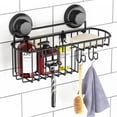 thumbnail image 2 of Estante de ducha con ventosa montado en la pared con ganchos organizador de baño acero inoxidable SS304 negro, 2 of 6