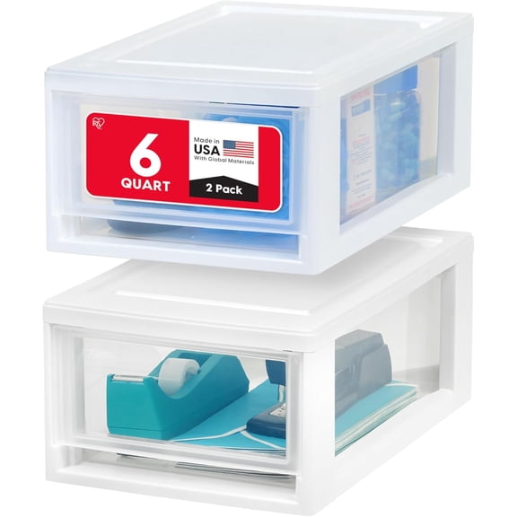 IRIS 6 Qt Plastic Drawer Storage Organizer Stackable with Sliding Drawer, White