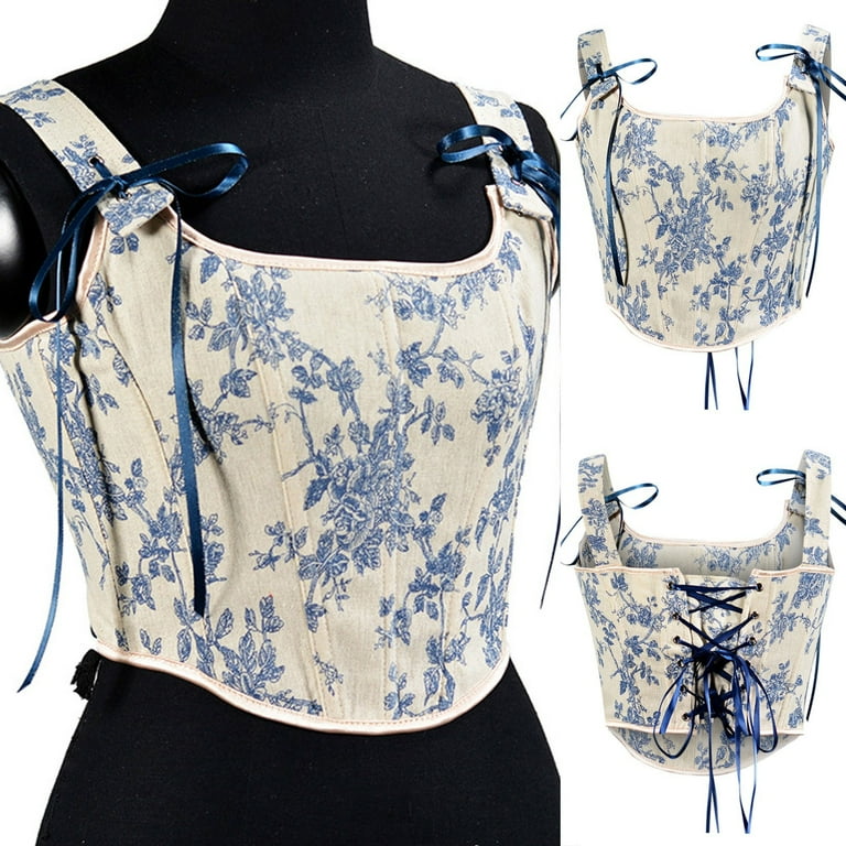 Womens Corsets On Sale Casual Sexy Eyelet Lace-up Embroidery Floral Print  Tight Vest Drawstring Tie-up Suspender Court Vintage Straps Tank Top  Fashion Denim Overbust Corset Bustier Top qILAKOG Size M 