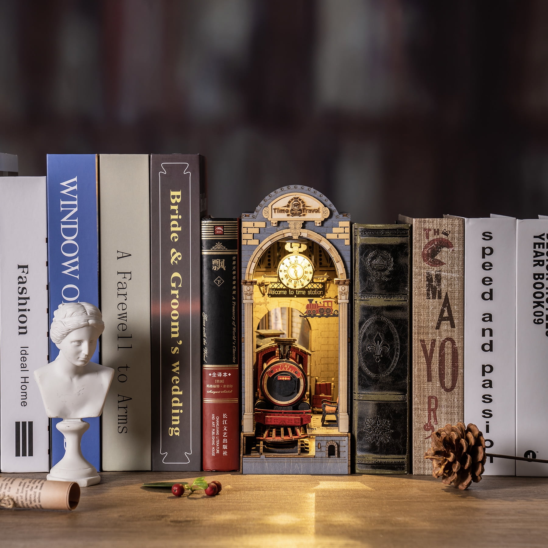 ROBOTIME Time Travel DIY Book Nook Kit,Wooden Mini Dollhouse Bookend Model Building Kit, 3D Puzzle Tiny Home Bookshelf Decor, Gifts for Adults Teens