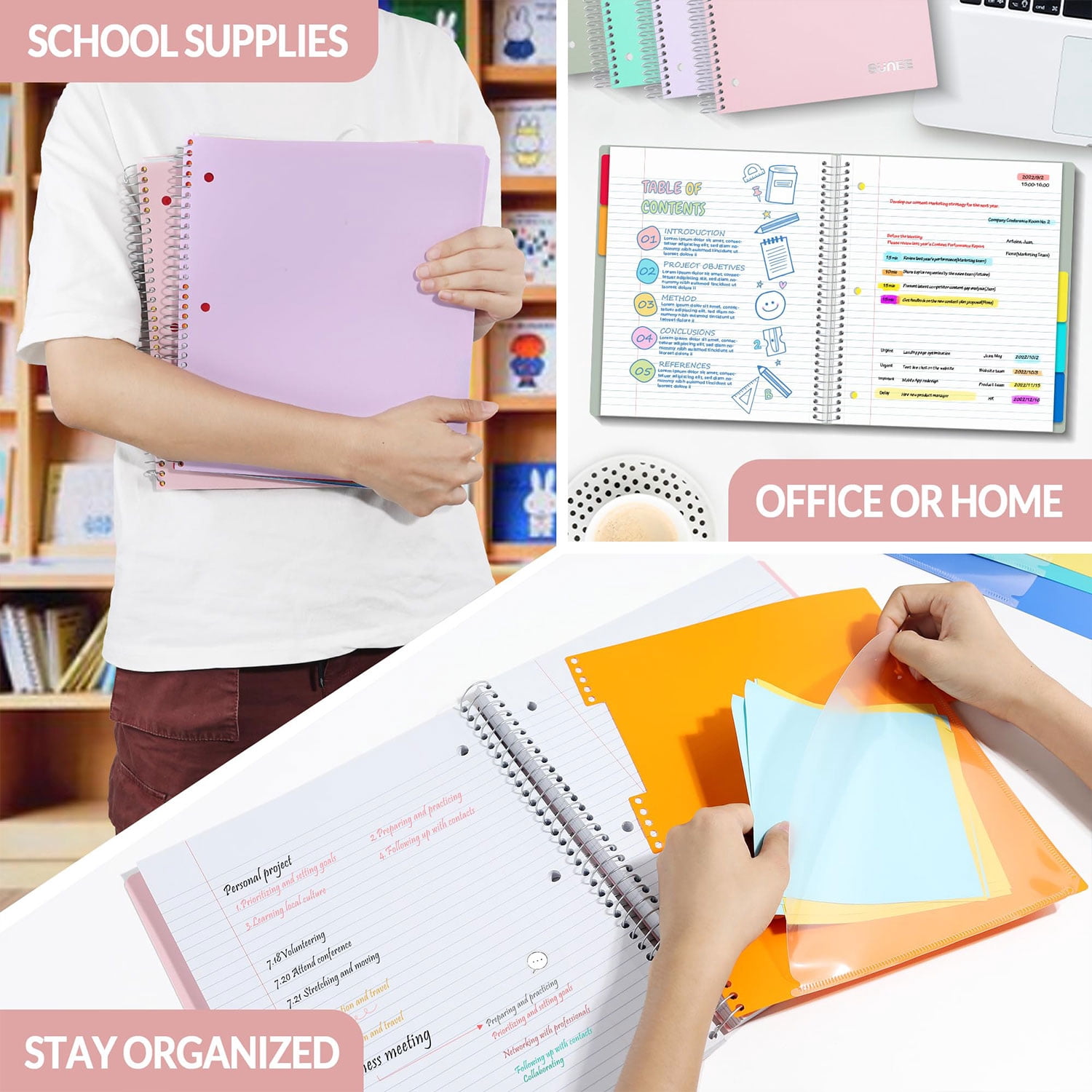 3 Ring Binder 1 inch + 5 Subject Notebook College Ruled 400 Pages, 5 Color Pocket Dividers, Letter Size, Office Combo,Pink