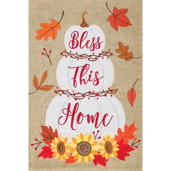 White Pumpkins - Bless This Home - Garden Size, Embroidered Burlap Applique Style, Double Sided Decorative Flag - Approx. 12 Inch X 17.98 Inch