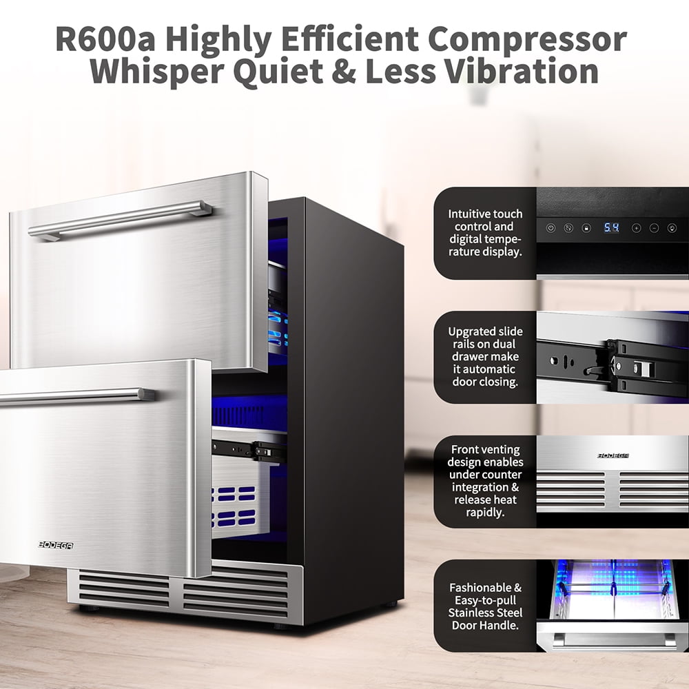 BODEGACOOLER 24in Double Drawer Beverage Refrigerator 149 Cans with Temperature Adjustment for Under Counter Built-in & Freestanding, Weather Proof Dual Zone Wine Cooler Fridge Indoor and Outdoor