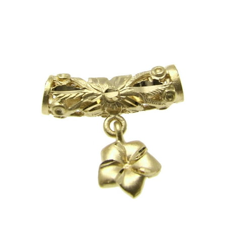 - 14K Solid yellow gold Hawaiian diamond cut scroll barrel plumeria pendant
