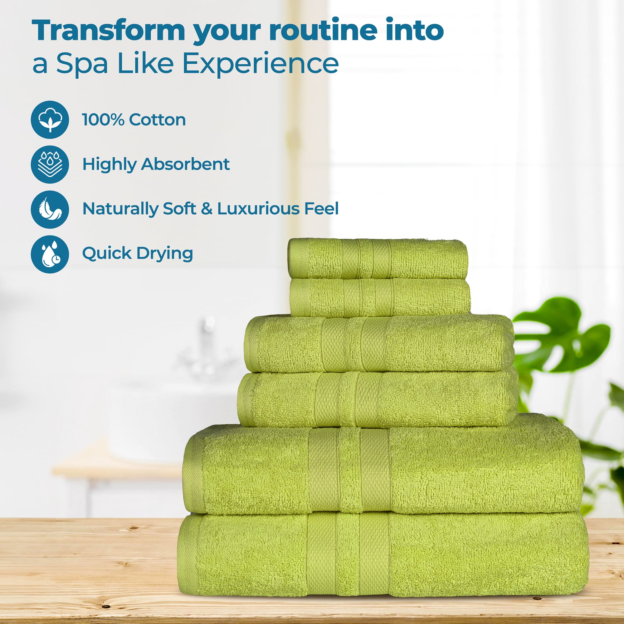 Superior Ultra Soft Cotton Solid 6-Piece Towel Sets, Celery