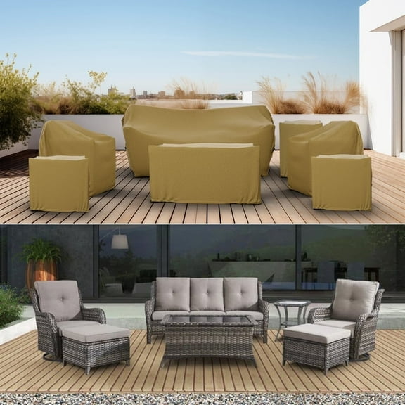 5 Person Patio Conversation Set Cover, Weather resistant Cover for Natural Color Textured Wicker Furniture Set  