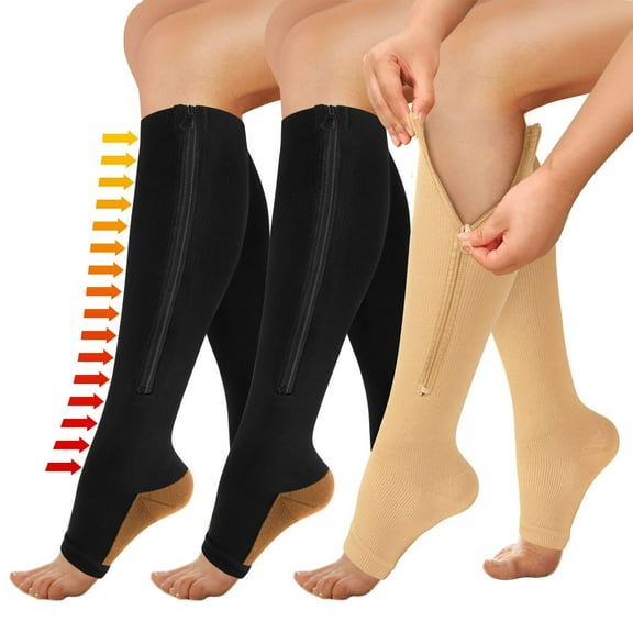 3 Pairs Open Toe Zipper Medical Sport Compression Socks - 15-20mmhg Graduated Knee-High Support for Men & Women, Ideal for Soccer, Running, and Nurses