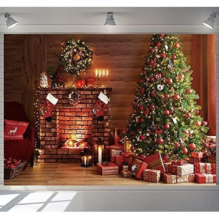 Image of 8x6ft Christmas Fireplace Backdrop Xmas Indoor Wooden Wall Floor Tree Gifts Candles Stockings Wreath Balls Photo Background New Year Holiday Family Party Supplies Photoshoot Photo Studio