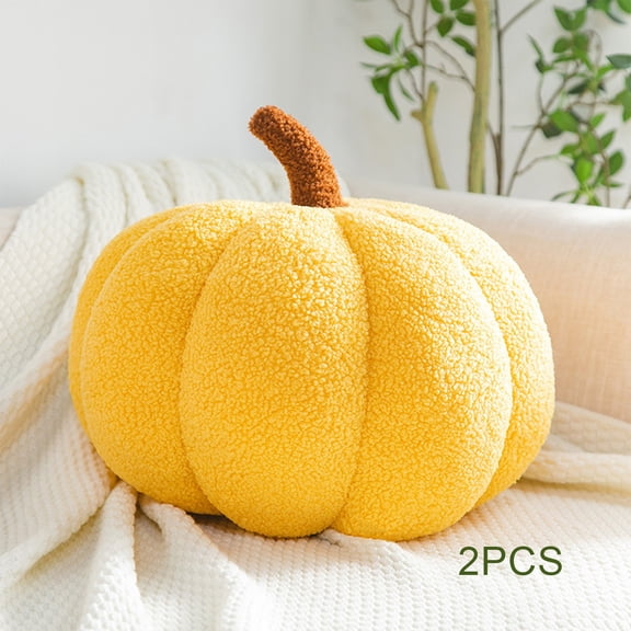 AUQ 2Pcs Pumpkin Shaped Plush Throw Pillows,Soft Lamb Fleece Cushion,Cute Decorative Pillow for Sofa Bed and Kids' Room,Yellow