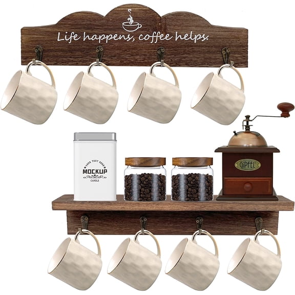 Coffee Cup Holder 2 Pcs Kitchen Wall Decor Coffee Mug Holder with 8 Sturdy Hooks Mug Rack for Farmhouse Kitchen Decorations, Coffee Station, Office Decor, Mug Organizer, Mug Display (Brown)