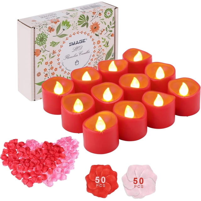 LED Tealight Candles Red Color Timer Battery Operated Flameless Smokeless Flickering Flashing Effect 12 PCS/Set with Decorative Fake Rose Petals
