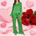 thumbnail image 2 of VBTAPA Valentine's Day 2 Piece Pajamas Set Women Button Down Shirt and Pants Faux Fur Trim Long Sleeve Sleepwear Lounge Set Green S, 2 of 5