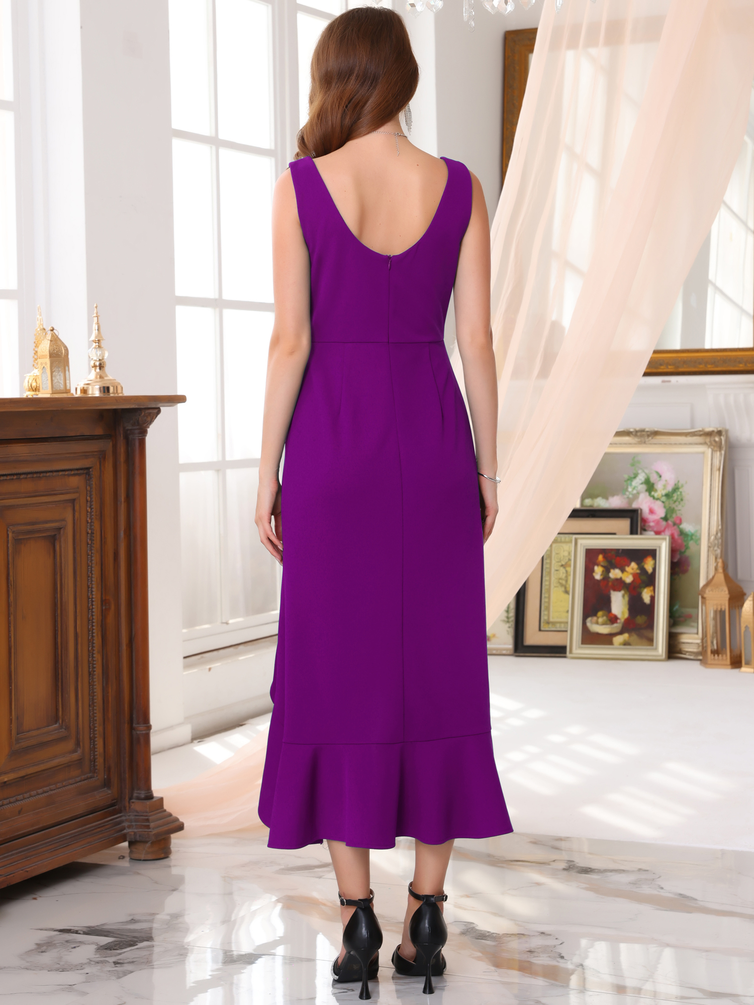DARING DIVA Women's High Low Cocktail Elegant Ruffles Split Hem Dress M Purple