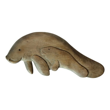 Manatee Mother With Baby Carved Wood Wall Plaque 14 Inches Natural Finish