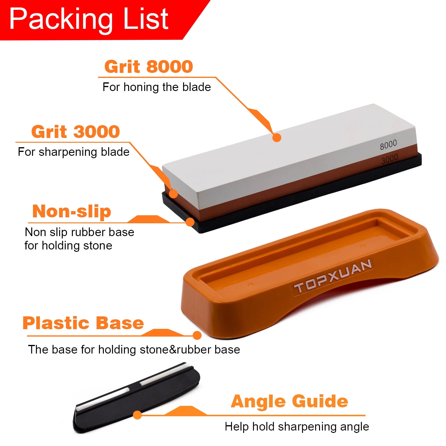 TOPXUAN Knife Sharpening Stone 2 Sided 240/800 Grit Sharpener Waterstone,Professional Kitchen Whetstone with Orange Plastic Base,Non-slip Rubber and Angle Guide