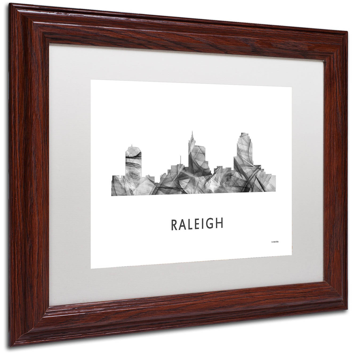 Trademark Fine Art 'Raleigh NC Skyline WB-BW' Canvas Art by Marlene Watson, White Matte, Wood Frame