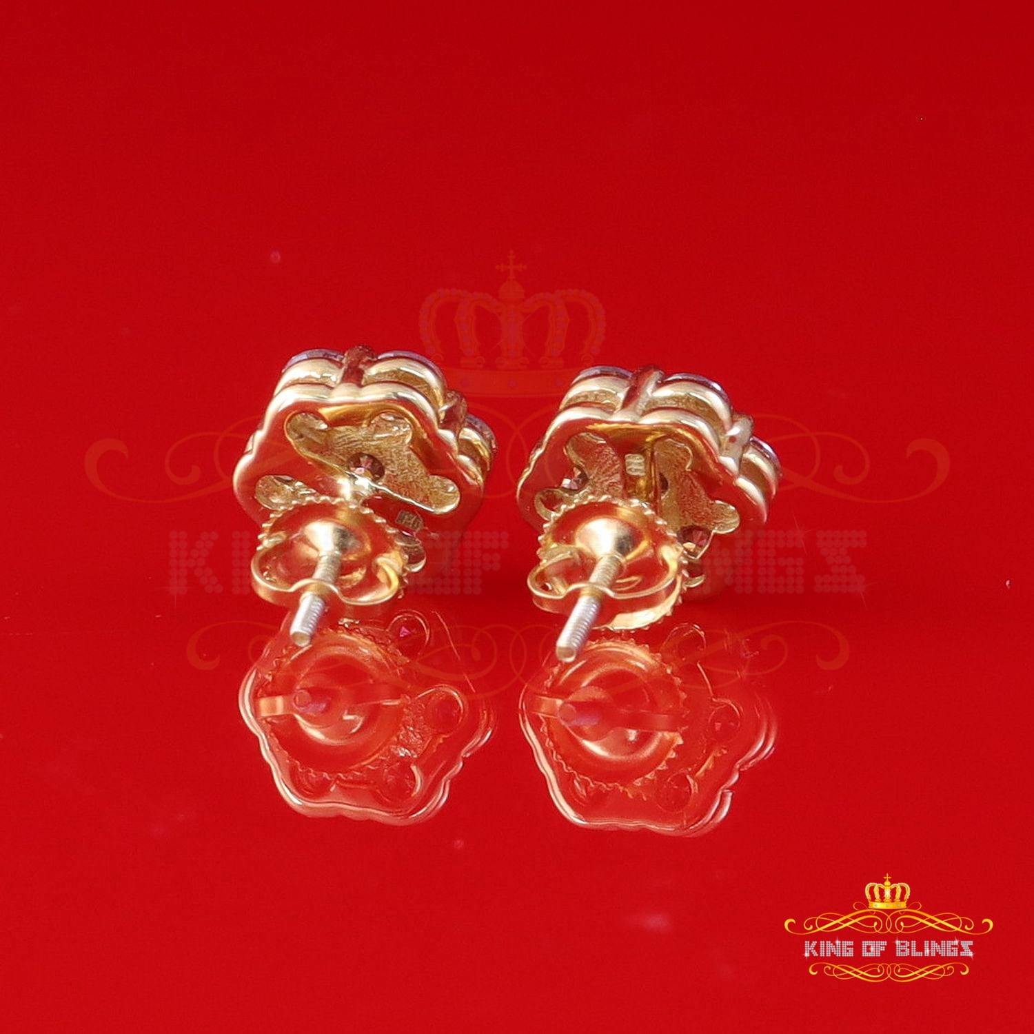 King of Bling's 925 Silver Yellow 2.25ct VVS D Pink Moissanite Floral Mens/Women's Stud Earrings