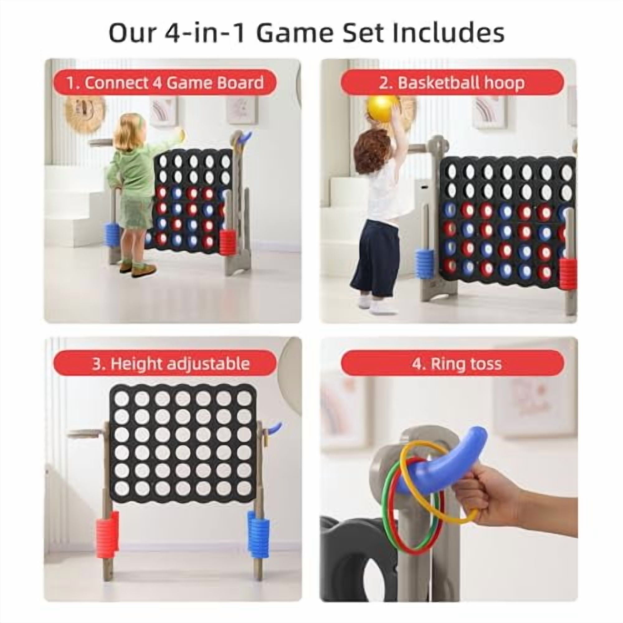 UNICOO® Height Adjustable Connect 4 Game Stand, 4 in A Row Game with Basketball Hoop, Ring Toss, Carrying Bag, Indoor Outdoor Yard Game, Parties & Family Gatherings (Black & Gray)