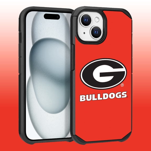 Apple iPhone 15 Plus (6.7) / Apple iPhone 14 Plus (6.7) - Licensed NCAA University of Georgia Bulldogs Logo on Orange Textured Dual Layer Case