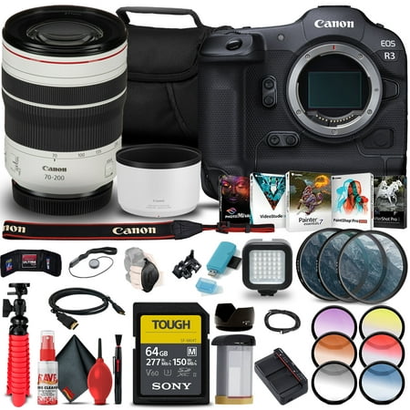 Canon EOS R3 Mirrorless Camera (4895C002) + Canon RF 70-200mm f/2.8L IS USM Lens (3792C002) + Sony 64GB TOUGH SD Card + Color Filter Kit + Filter Kit + Card Reader + LED Light + More