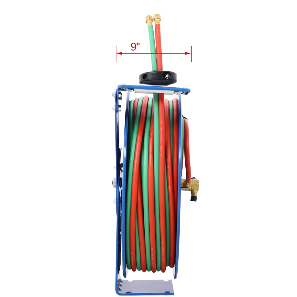 Blue Retractable Welding Hose Reel 1/4 Inch x 100 Ft Twin Oxygen Acetylene Rubber Hoses 200PSI Heavy‑Duty Industrial Single Arm Construction