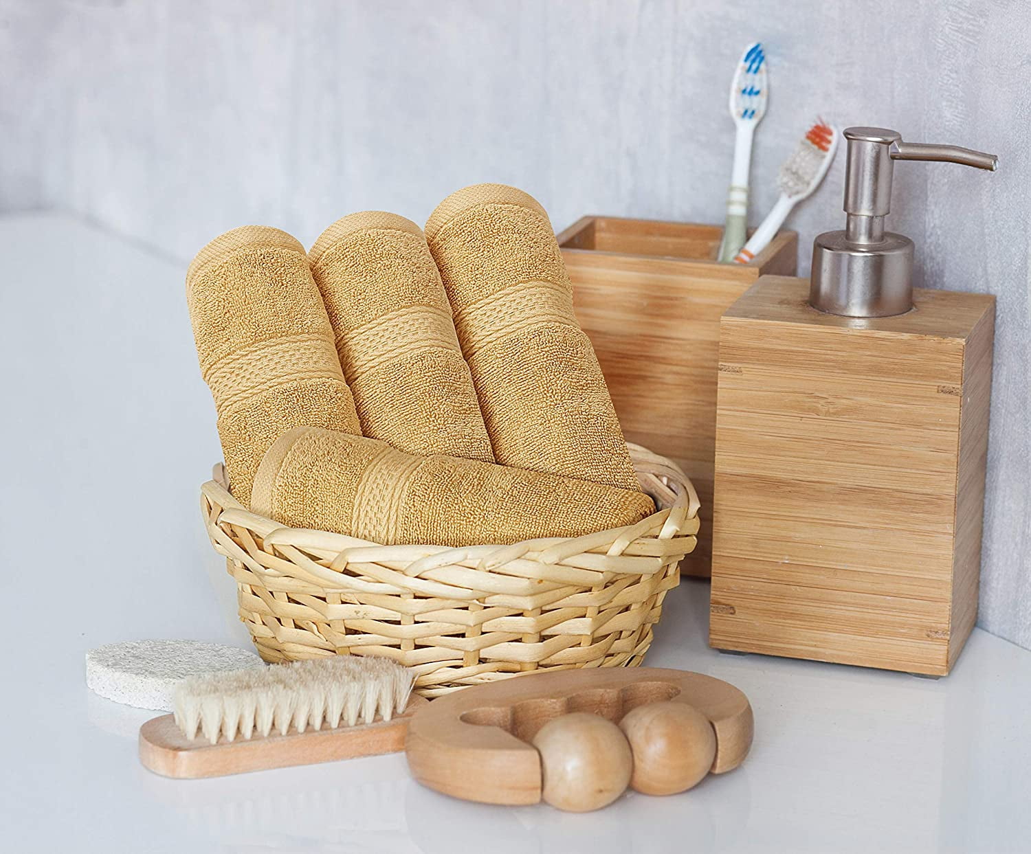 8-Piece Premium Towel Set, 2 Bath Towels, 2 Hand Towels, and 4 Wash Cloths, 600 GSM 100% Ring Spun Cotton Highly Absorbent Towels for Bathroom, Gym, Hotel, and Spa (Beige)