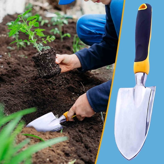 ICQOVD Garden Shovel Hand Tool Stainless Steel Garden Shovel for Digging Planting Rust Proof Hand Shovel with Soft Rubber Handle Measuring Depth Mark