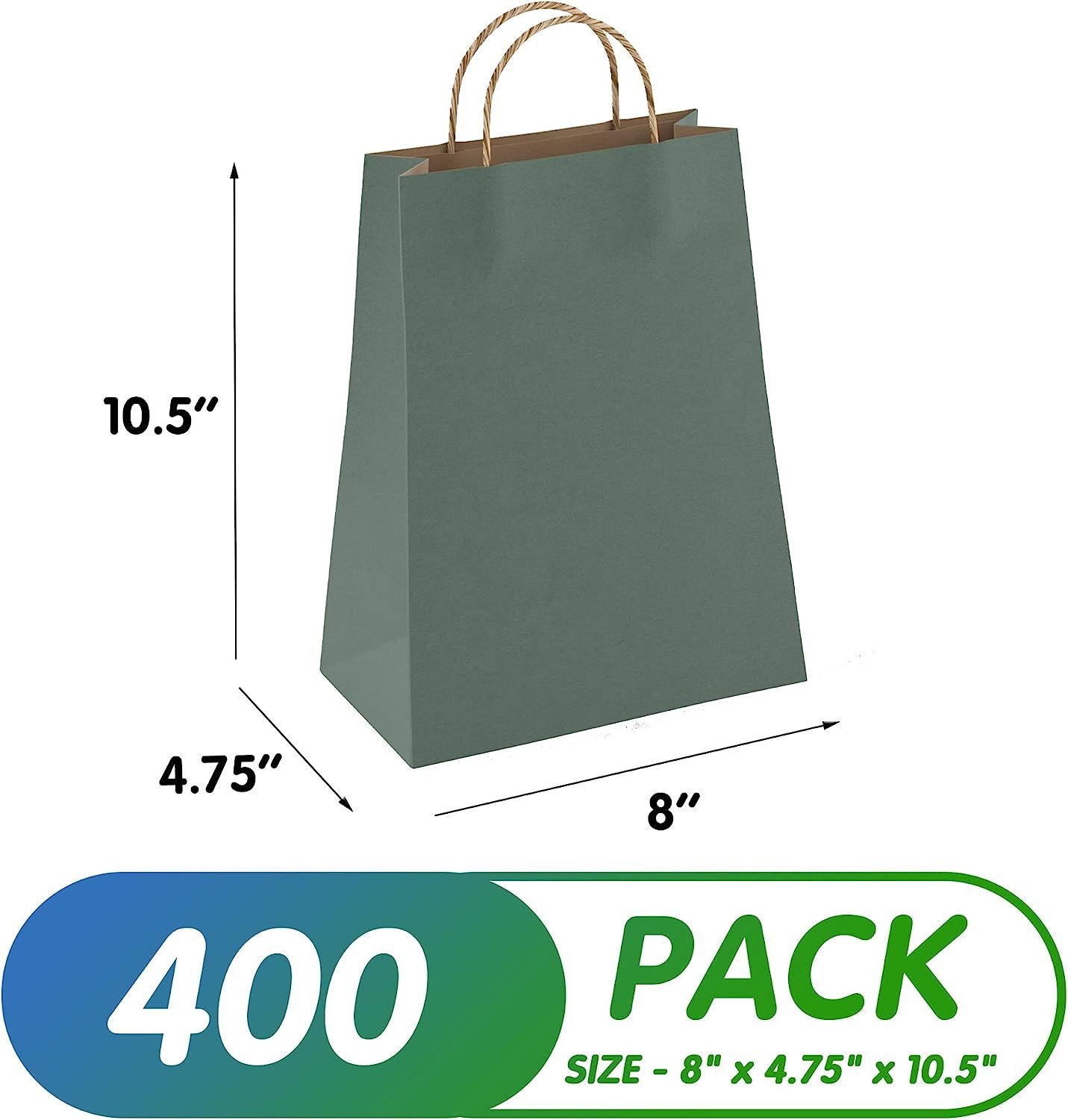 Amiff Kraft Paper Bags with Handles Bulk 8 x 4.75 x 10.5 Inch. 400 Pack