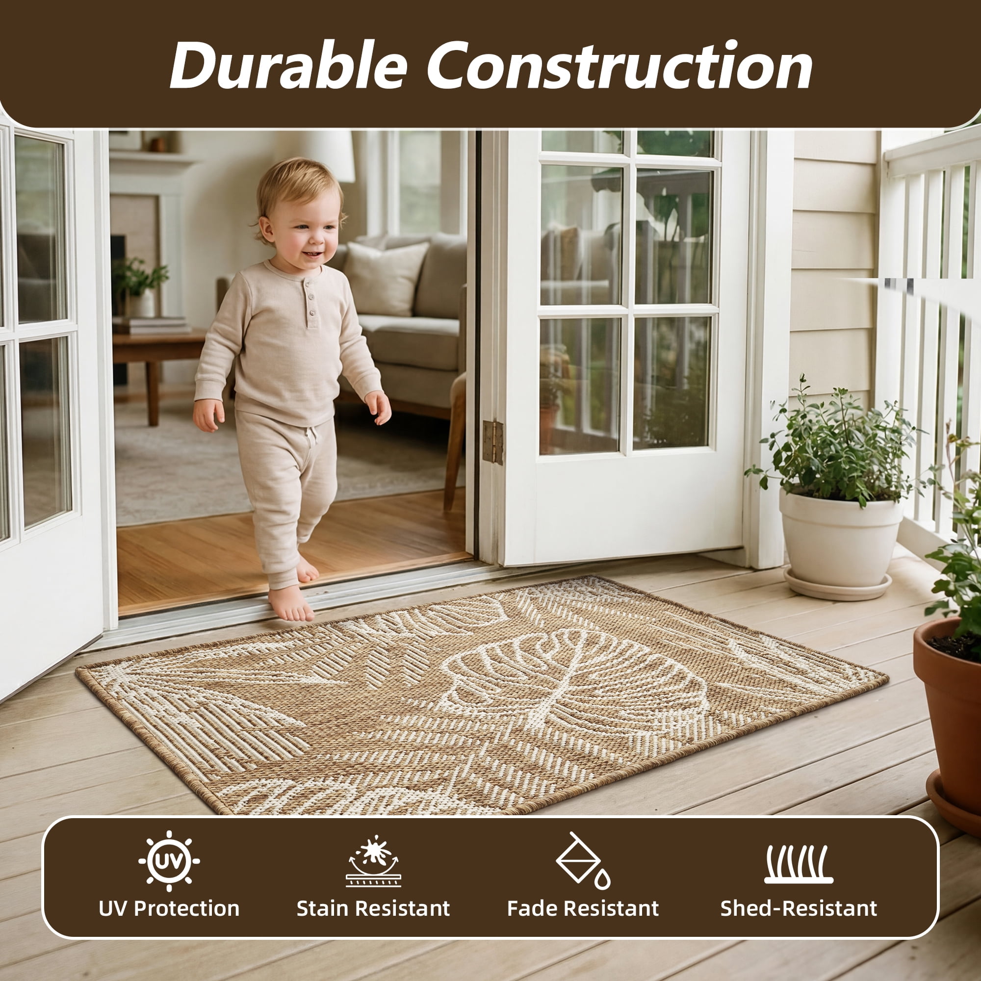 SIXHOME Outdoor Mat 2'x3' Front Door Mat Tropical Indoor Entryway Doormat Polypropylene Washable Non Shedding, Easy Clean, Waterproof, Durable Outdoor Doormat Neutral Brown