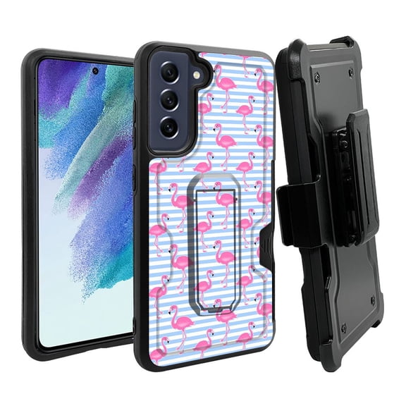 ANJ  Rugged Dual Layer Hybrid Holster Kickstand Case w/ Card Slot   Tempered Glass Cover for Samsung Galaxy S21 FE 5G - Flamingo