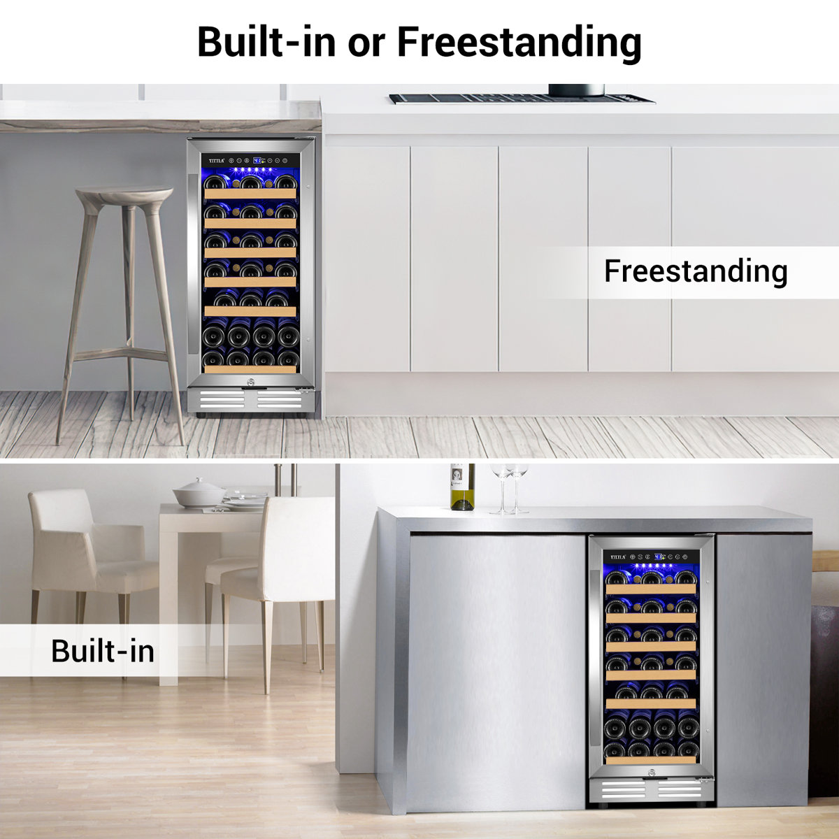 15" Wine Premium Refrigerator 31 Bottle Built-in Wine Cooler with Two Handle & Reversible Hinge