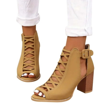 

AXXD Women Brown Sandals Clearance Under $10 Summer Chunky Heeled Sandals Peep Toe Cut-out Buckle Strap Stacked Heels Retro High Heels