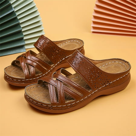 Patlollav Womens Sandals Clearance New Wedge Heel Women Sandals Stitched Hollow Cross Slippers Massage Shoes