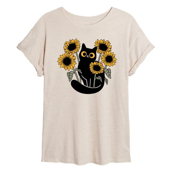 Instant Message - Black Cat in Sunflowers Oversized Graphic T-Shirt