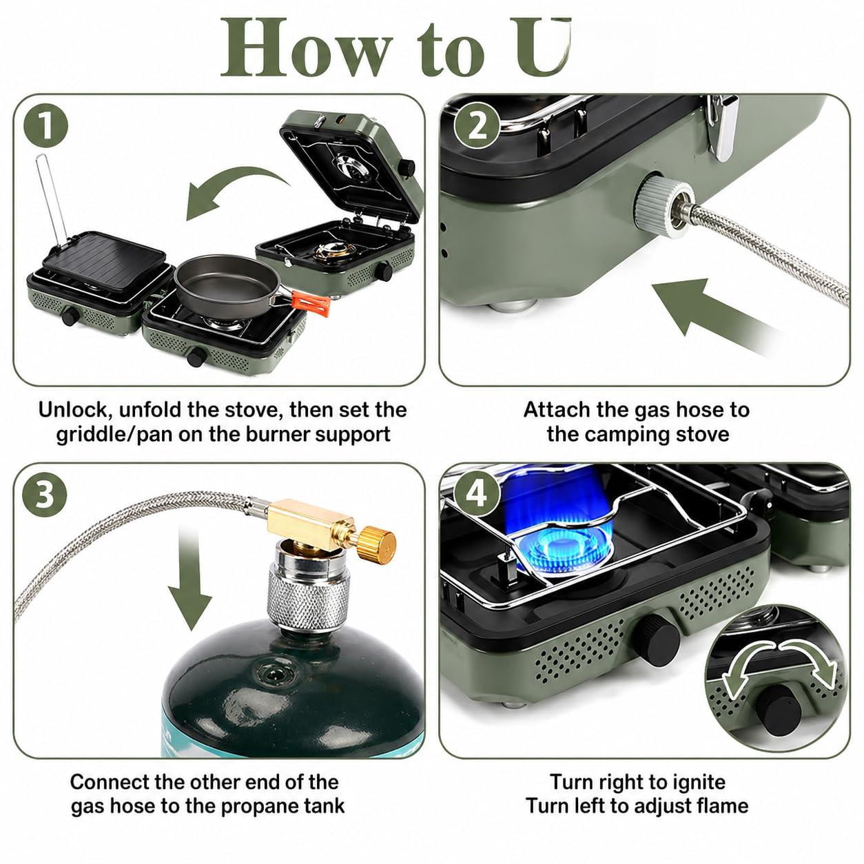 2 Burner Propane Camping Stove  30000 Btu Foldable Portable Gas With Cookware Set & Carry Bag Outdoor Cooking For Rv Emergency Use Green
