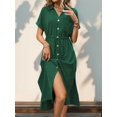 thumbnail image 5 of Women'S Solid Color Dress Summer Casual Short Sleeve Button V Neck Dresses Long Beach Shirt Dress with Pockets, 5 of 9