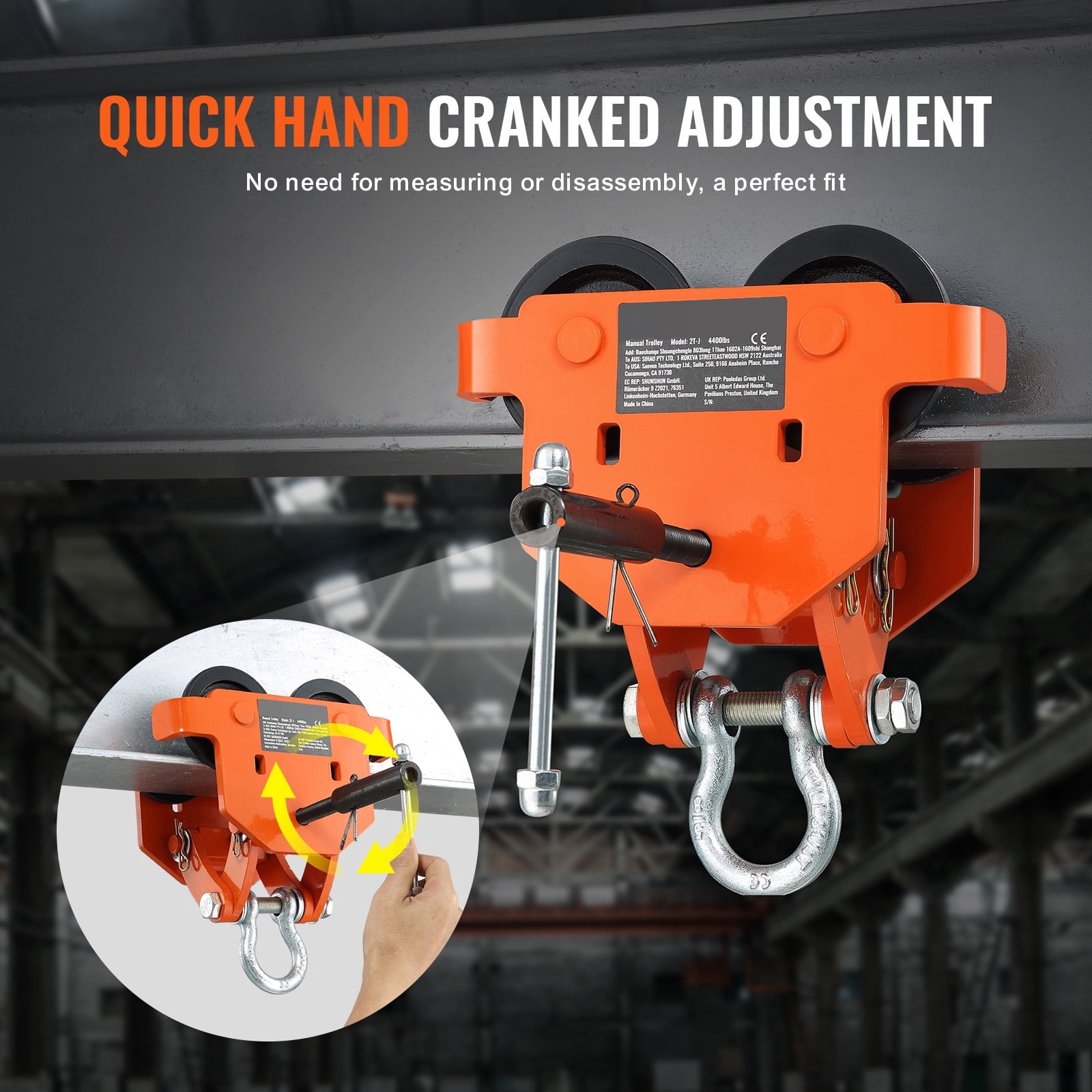 KFFKFF Hand-Operated Trolley, 2 Ton/4400 lbs Weight Limit, Dual-Wheeled Push Beam Trolley, Fits I-Beam Flange 2.8"-6.7", Durable Alloy Steel Construction
