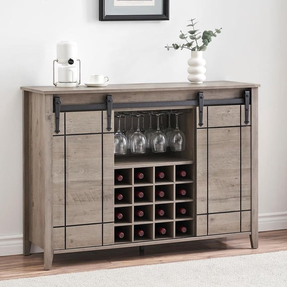 Brown Wine Bar Cabinet,47" Farmhouse Coffee Bar Cabinet with Sliding Barn Door, Buffet Sideboard Cabinet with 16 Bottle Wine Rack for Dining, Living Room Dining Kitchen
