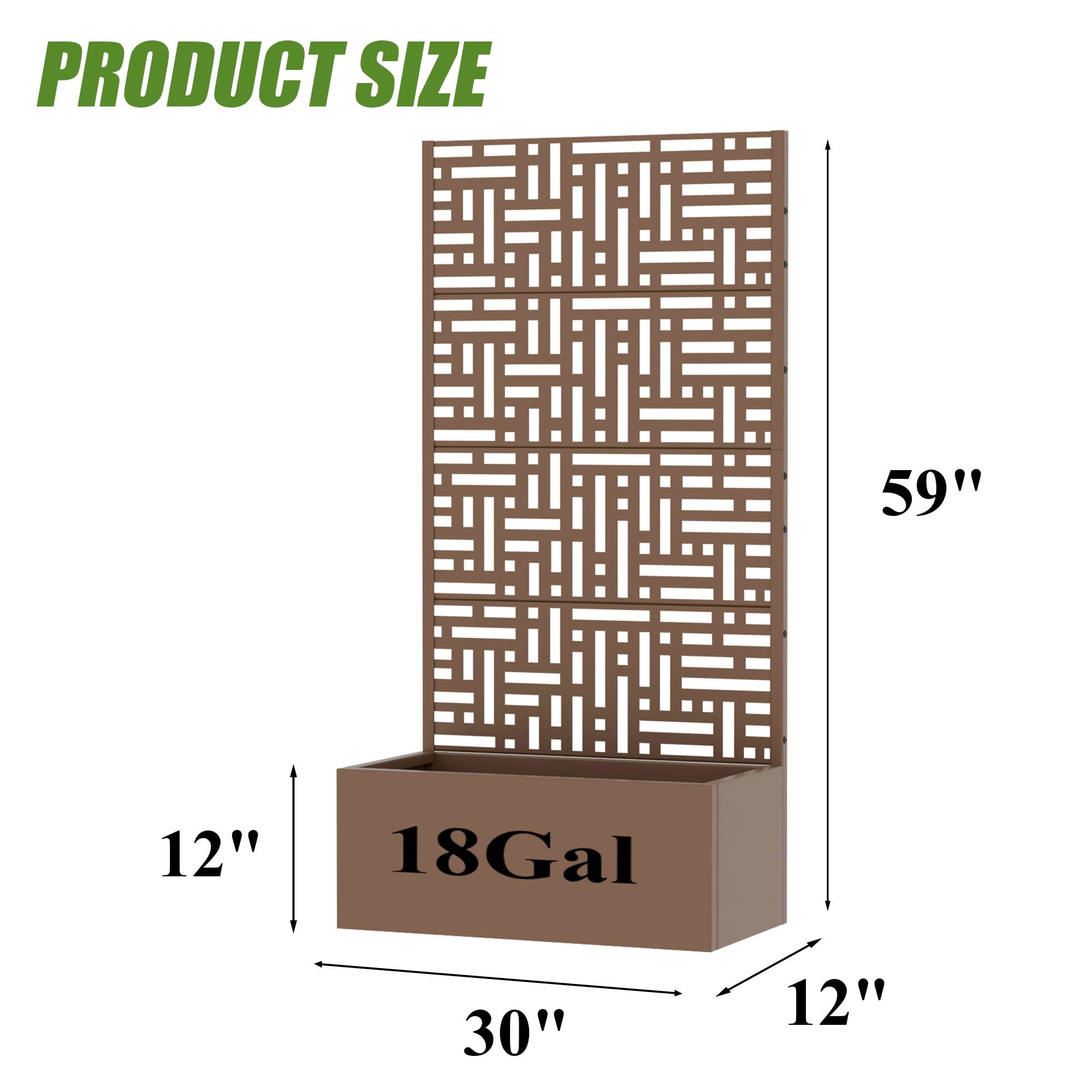 MAYEERTY 59X30" Metal Outdoor Brown Privacy Screen with Planter Box for Backyard & Garden, 4 Piece Set