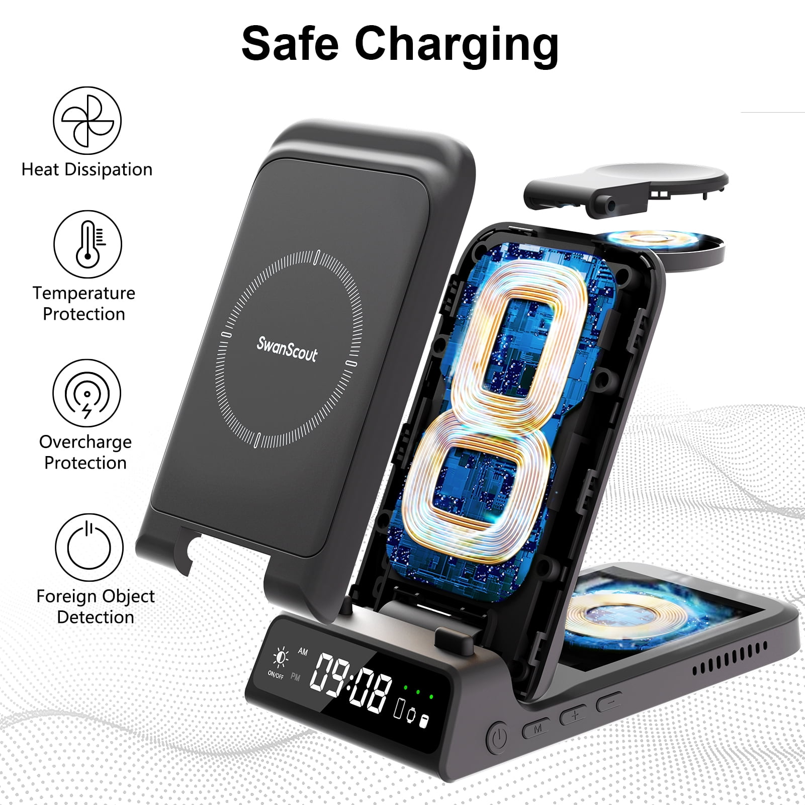SwanScout Charging Station for Samsung, Wireless Charger for Galaxy S26 Ultra/S26+/S26/S25 Ultra/S25/S24/S23/S22, Galaxy Watch 8/8 Classic/Ultra/7/6/5, Galaxy Buds 3 Pro/3, SwanScout 703S(No Adapter)