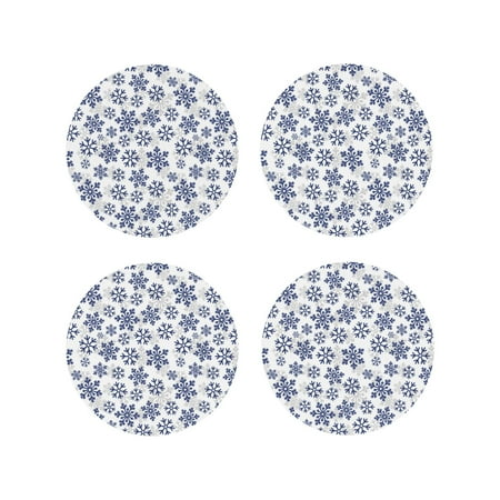 

Tebeau Dark Blue Snowflakes Print Set of 4 Leather Drink Coasters Round Cup Mat Pad for Home and Kitchen Use 4 -Round Shape