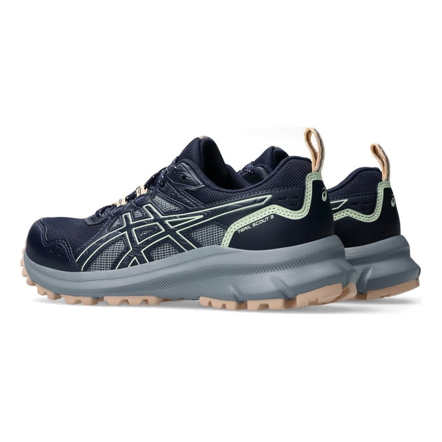 tenis asics mujer dama trail scout 3 midnight azul trail running azul oscuro 4.5 mx par de tenis ASICS Trail Scout 3 en azul oscuro, vista 3/4 trasera que muestra la silueta de malla con refuerzos sintéticos y el logotipo lateral, suela intermedia gris gruesa con patrón de tracción y banda de goma beige, talonera con tirador y texto 'Trail Scout 3'. Diseñados para uso diario y actividad física; también se suelen usar para caminatas en terreno mixto.