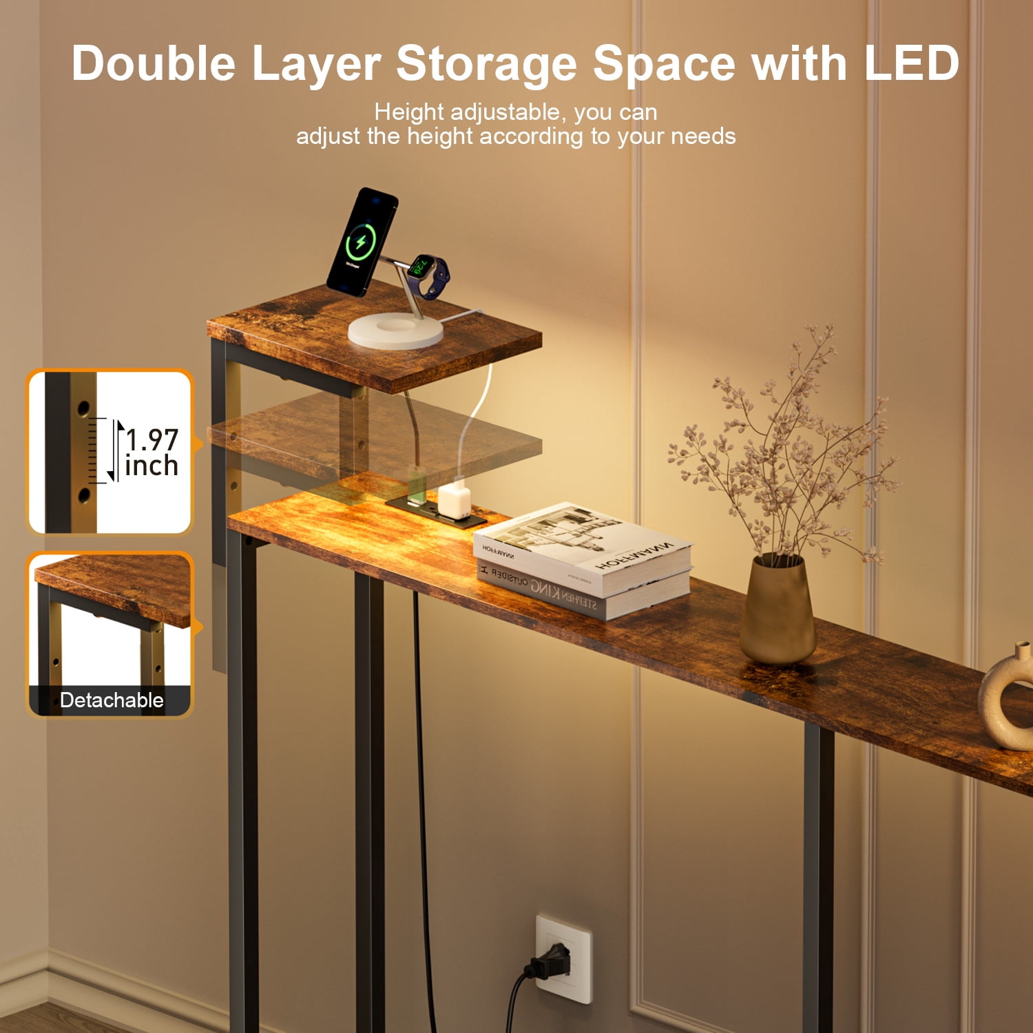 HLDIRECT 71 inch Console Table with Storage, Narrow Entryway Table with Outlet, Sofa Table with LED Light for Living Room, Hallway Table