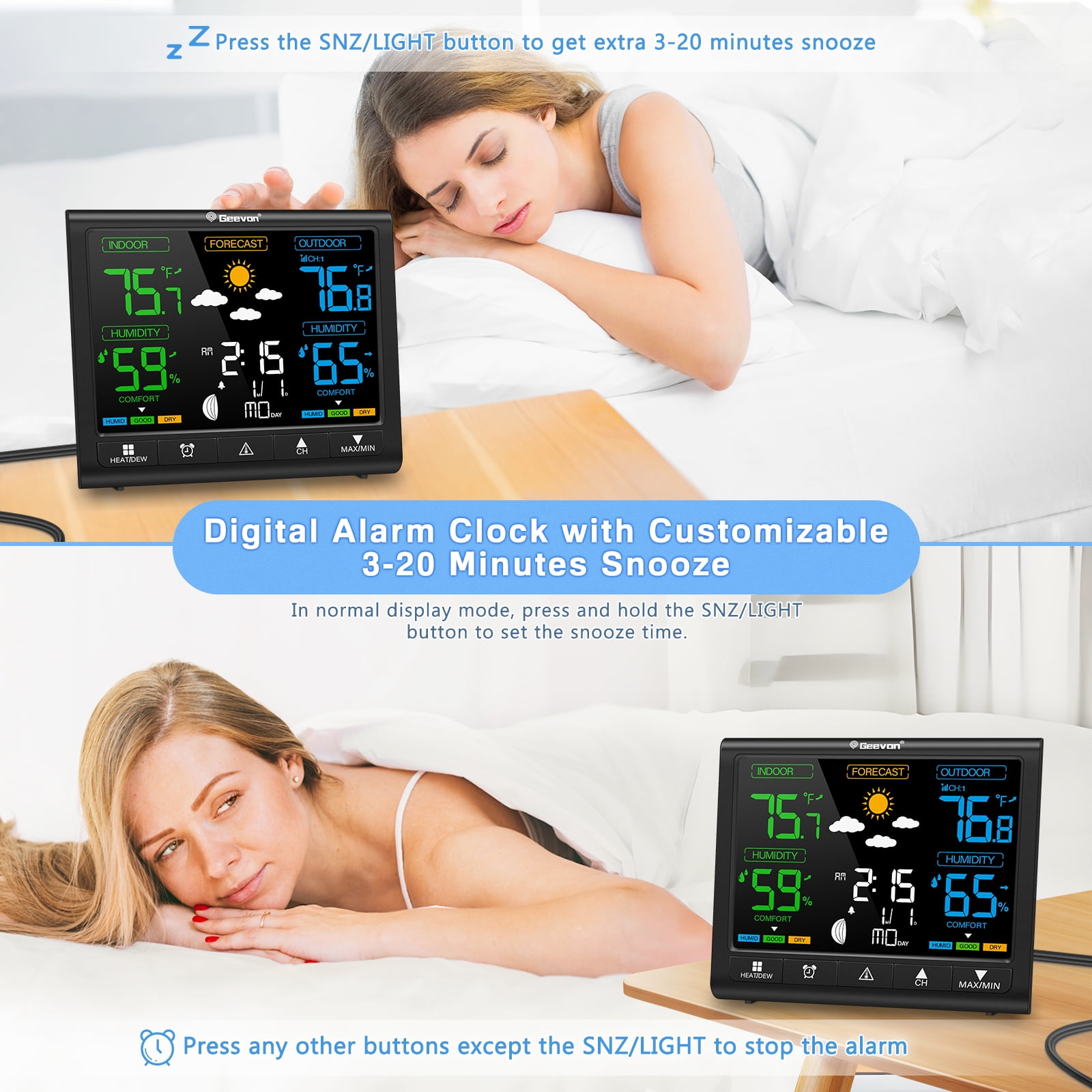 Geevon Weather Station Indoor Outdoor Thermometer Wireless, Digital Thermometer Temperature Humidity Monitor with Comfort Indicator, Adjustable Backlight, Alarm Clock and Calendar(350°view angle)