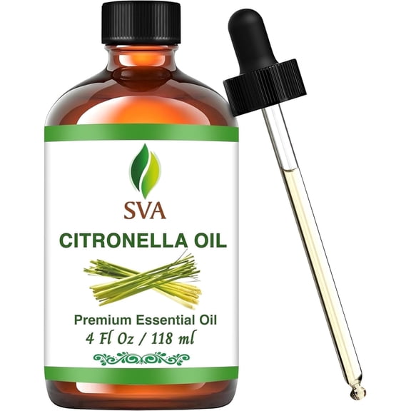 SVA Citronella Essential Oil – 4 Fl Oz – 100% Natural Citronella Oil - for Diffuser, Hair Care, Face, Skin Care, Aromatherapy, Scalp and Body Massage, Soap and Candle Making - with Dropper