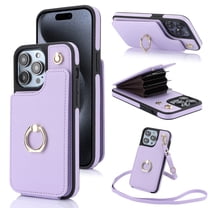 ELEHOLD for iPhone 13 Wallet Crossbody Case with Organ Card Slots Metal Finger Ring Holder Kickstand Crossbody Shoulder Strap Shockproof Purse Cover for Women Girls,lightpurple