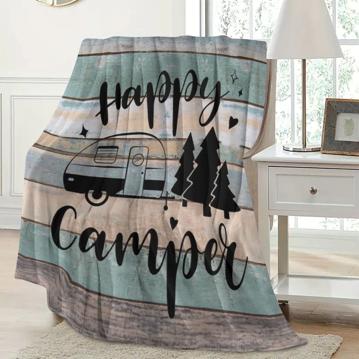 Cozy "Happy Camper" Flannel Throw Blanket Ideal for Sofa Office Bed Chair Travel Lightweight All Season Camping Decor with Vintage Van Pine Tree Design Perfect Gift for Men Women Camping