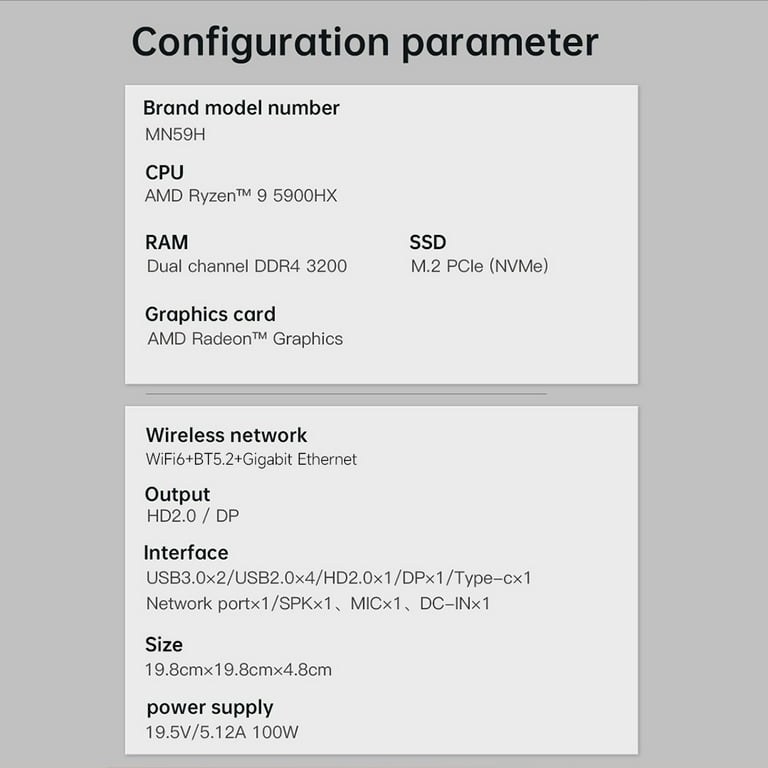 T bao MN59H Mini PC AMD R9 5900HX Processor AMD Radeon Graphics 8
