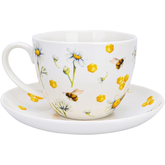 STP Porcelain J-217525 15.2 fl oz (450 ml) Cup and Saucer, Bee and Honey, Bone China Porcelain, Kitchen Teacups